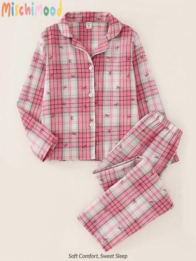 SHEIN 2pcs Girl's Sweet Casual Versatile Plaid Print Bow Cardigan And Pants Long Sleeve Comfortable Loungewear Set