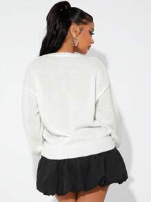 SHEIN SXY Thick Warm Bow Crew Neck Christmas Sweater, Autumn/Winter - White - View 2