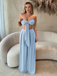 SHEIN SXY Beach;Women's Front Knot Strapless Top And Pants Two Pieces Set Spring Summer Women Clothes Bachelorette Party Spring Break Birthday Outfit Valentine's Day Sexy Outfits - Baby Blue - View 3