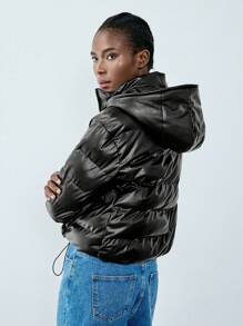 Chiquease Minimalist Casual Hooded Drawstring Design PU Material Women Padded Padded Coat Clothes Winter - Black - View 2