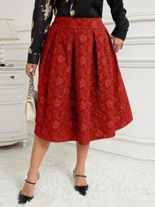 SHEIN Clasi Plus Size Women Elegant Simple Style Elastic Waist Red Skirt, Everyday Wear - Red - View 5