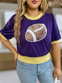SHEIN LUNE Áo thun thể thao tay bồng ngắn đính sequin màu tím tương phản dành cho nữ cỡ lớn, phong cách Boho Cowgirl, phong cách Old Money, lễ hội, phong cách Bohemian phương Tây, trang phục dành cho phụ nữ, phong cách Hippie mùa hè, phong cách Boho Old Money, mùa hè dành cho phụ nữ, lễ hội Raves nghỉ xuân - Nhiều màu - Xem 5