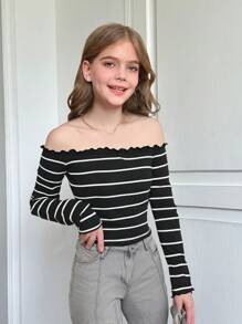 SHEIN Tween 女童休闲优雅单肩条纹 T 恤，春/夏/秋/冬 - 黑與白 - 查看 1