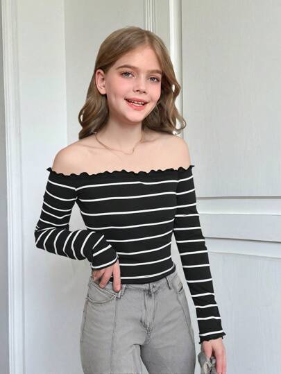 SHEIN Tween 女童休闲优雅单肩条纹 T 恤，春/夏/秋/冬