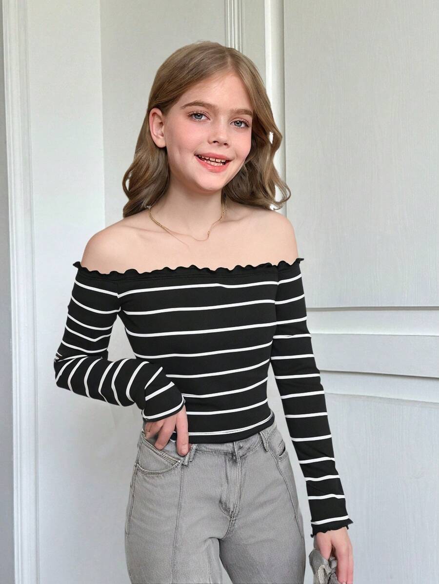 SHEIN Tween 女童休闲优雅单肩条纹 T 恤，春/夏/秋/冬 - 黑與白 - 查看 1