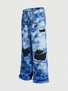 ROMWE MEN Street Life Calça Denim Masculina com Estampa de Letras e Tie-Dye - Azul - Visão 5