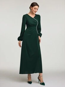 Modelyn Women's V-Neck Lantern Sleeve Pleated Elegant Arabian Modest Long Sleeve Dress Long Evening Dresses