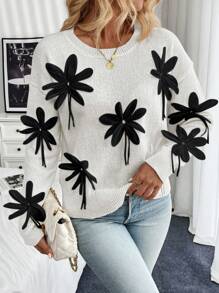 SHEIN Unity 3D Handmade Floral Decorative Sweater, Autumn/Winter Fashion Knit Pullover Fall Sweater - White - View 4