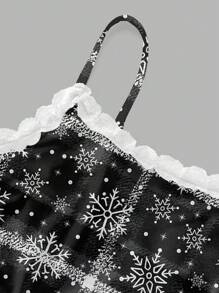 Tim Lord Artist Black Plaid & Snowflake Print 2pcs Sexy Lace Cami Top And Shorts Women's Outfit, Spring & Summer, Going Out, Festival - Black - View 4