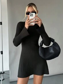 Siren Gaze Winter Women's Turtleneck Sweater Dress, Warm Knitted Bottoming Skirt, Bell Sleeve A-Hem Skirt, Slim And Slim Sweater Skirt, Long Sleeve Dress, Black Dress Casual - Black - View 7