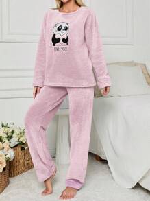 SHEIN Cottnline 2Pcs Pelush Panda Embroidery Detail PJ Set - Baby Pink - View 5