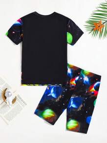 SHEIN Tween Boy Neon Cartoon Alien Print Crew Neck Short Sleeve Shorts 2 Pieces Loungewear Set - Multicolor - View 2
