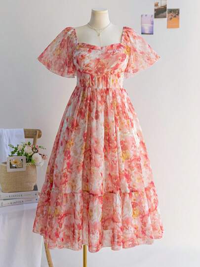 Soleia Vestido largo para mujer talla grande, estilo bohemio vintage, con estampado floral rosa, cuello cuadrado, plisado en el pecho y volados en el bajo, para primavera, verano y Día de San Valentín