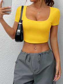 SHEIN EZwear Women Square Neck Short Sleeve Cropped Fitted Seamless Basic Yellow T-Shirt Top - Yellow - View 4