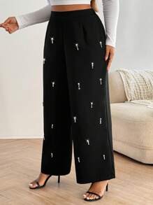 Celure Plus Size Women Pearl Embellished Casual Pants, Minimalist And Fashionable For Everyday Wear