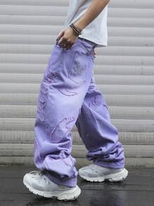 Manfinity EMRG Quần jean ống rộng ống rộng, dáng suông, viền tua rua, phong cách Emo dành cho nam - Màu tím hoa cà - Xem 3