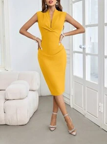 SHEIN Clasi Women Elegant Twisted Texture Blue V-Neck Fitted Sleeveless Dress - Yellow - View 5