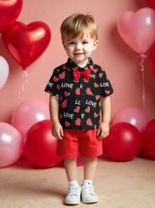 SHEIN Bộ đồ thường ngày cho bé trai 2 món: Áo phông in hình tay ngắn cài nút phía trước và quần short - Nhiều màu - Xem 8