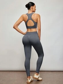 Activina 纯色露背吊带上衣和紧身裤运动套装 - 黑色 - 查看 2