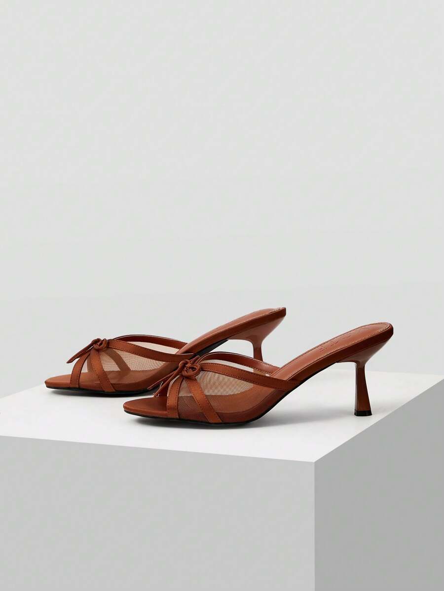 MOTF PREMIUM ROUND TOE MESH BOW DECOR HIGH HEEL SANDALS, FOR VALENTINE'S DAY - Chocolate Brown - View 2