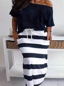 Plus Size Loose Asymmetrical Neck Color Block Two Pieces Set, Casual For Summer