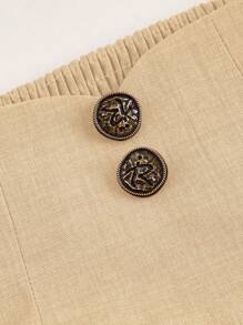 Sweetra Plus Size Women High Waist Button Design Pleated Vintage Commuter Skirt - Beige - View 4