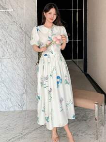 DAZY 两件套 女士印花泡泡袖衬衫和A字裙 复活节 - 米色 - 查看 6