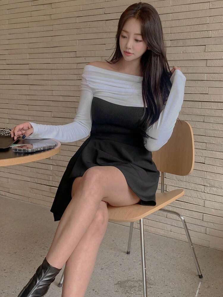 Women's Contrast Color Block Scoop Neck Slim Fit Long Sleeve T-Shirt, Spring/Summer