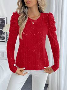 Chiquease Casual Round Neck Puff Sleeve T-Shirt With Flock Spangle Corrugated Detail