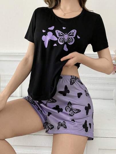 Conjunto de pijama informal de mujer con estampado de mariposa de manga corta y pantalón corto
