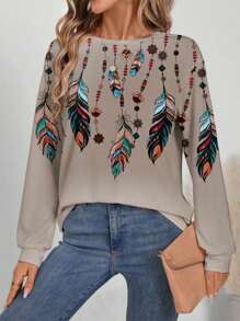 SHEIN LUNE Westlicher Cowboy Langarm Damen T-Shirt mit buntem Federn- und Kettenmuster, geeignet für Herbst/Winter