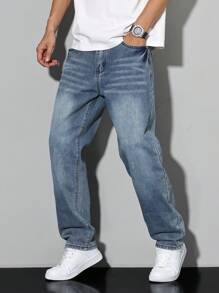 Manfinity Homme Men Straight Loose Fit Casual Pockets Denim Jeans - Blue - View 6