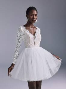 SHEIN Belle Elegant And Luxurious Ivory Lace Trim Mesh Dress, Voluminous, Suitable For Weddings, Parties, Events, Gift, Bridal Shower Dress - Beige - View 7