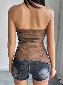 SHEIN EZwear Women's Vintage Brown PU Leather Ruched Crop Top