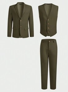 Manfinity VCAY 3pcs Men's Slim Fit Casual Suit Set (Jacket + Vest + Pants), Suitable For Spring And Autumn, Office Wear - Green - View 14