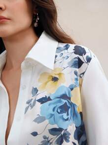 Anewsta Elegant Autumn Woven Digital Positioning Printed White Button Long Sleeved Shirt For Women Modesty Clothes Women