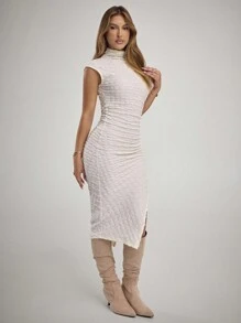 Forever 21 Women Stand Collar Wide Strap Split Hem Slim Fit Dress - Apricot - View 4