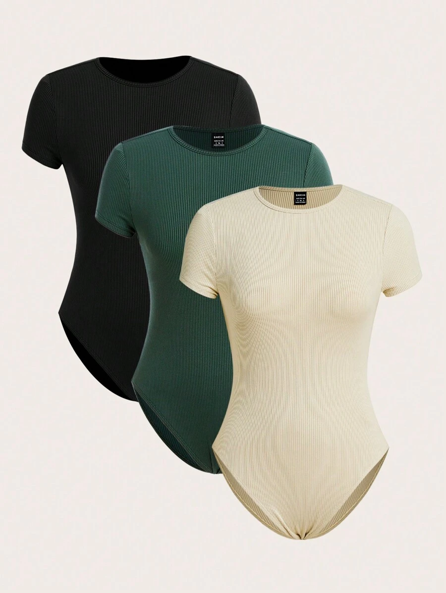 SHEIN BASICS 3pcs/Set Casual Solid Color Knitted Round Neck Short Sleeve Bodycon Bodysuit For Women - Multicolor - View 1