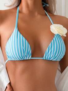 SHEIN Swim 条纹印花比基尼，花卉装饰和系带，比基尼套装夏季 - 淺藍色 - 查看 5