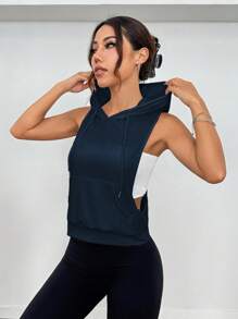 女式无袖连帽衫，背部印花设计，运动运动衫 - 藏蓝色 - 查看 6