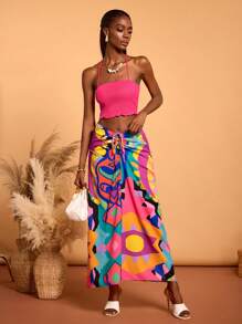 Abeille Creations Designer Boho Bohemian Summer Colorful Abstract Print Chiffon Drawstring Long Skirt, Going Out, Vacation, Beach, Festival, Ibiza Fits - Multicolor - View 8