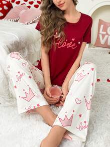 Letter Crown & Cartoon Print Short Sleeve Shorts Women Pajama Set - Burgundy - View 1