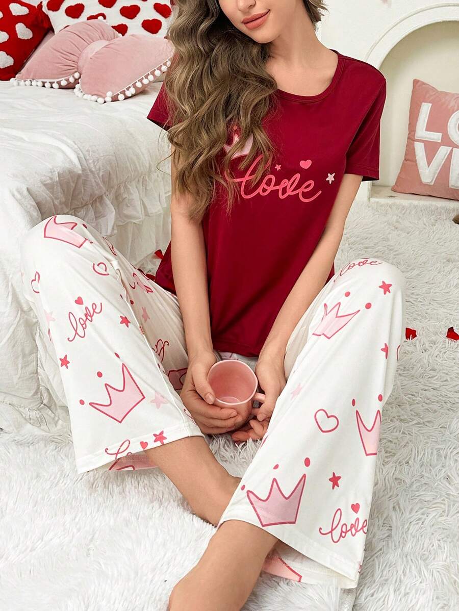 Letter Crown & Cartoon Print Short Sleeve Shorts Women Pajama Set - Burgundy - View 1