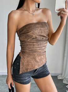 SHEIN EZwear Women's Vintage Brown PU Leather Ruched Crop Top