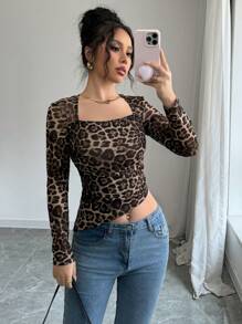 Chiquease 性感复古豹纹方领修身长袖 T 恤女款，秋冬款 - 深灰色 - 查看 1