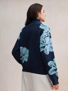 Anewsta Suéter con adorno de flores y rhinestones de moda para mujer, suéter de punto para oficina/uso diario, otoño e invierno - Azul - Ver 3