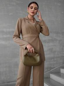 Modelyn Women's Solid Color Notched Collar Long Sleeve Twist Knotted Jacket & Pants Set, Casual Commuter Suit For Autumn - Brown - View 7