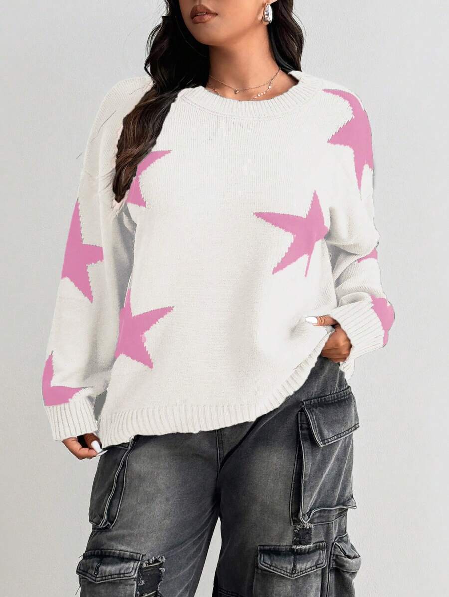 Flirla Plus Size Star Print Colorblock Sweater, Casual For Autumn/Winter Knit Pullover Fall Sweater - Multicolor - View 1