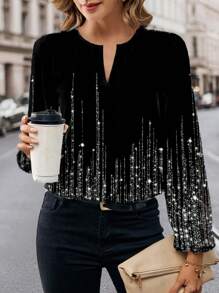 SHEIN Clasi 女士休闲简约黑色闪光衬衫，适合春秋季节 - 黑色 - 查看 4