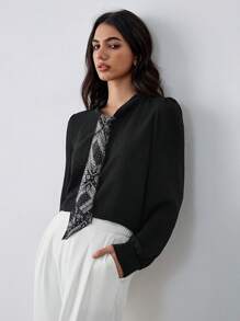SHEIN Unity 纹理面料撞色长袖衬衫，适合通勤 - 黑色 - 查看 6